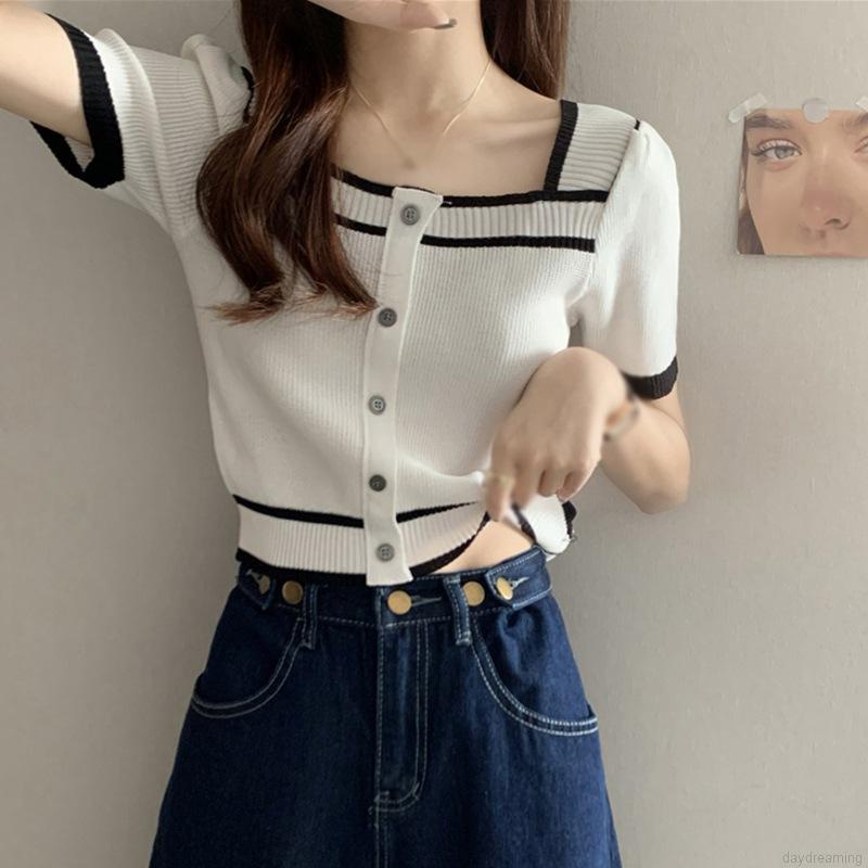 Áo Phông Áo Thun Áo Croptop Dệt Kim Tay Ngắn Cổ Vuông Kiểu Pháp Cổ Điển Phong Cách Mùa Hè Năng Động Dành Cho Nữ