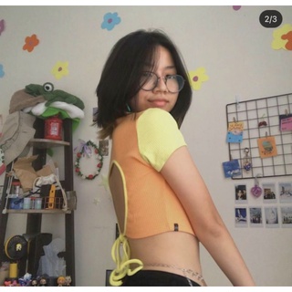 Áo croptop phối màu hở lưng cột nơ