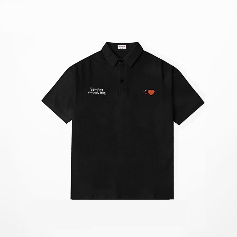 Áo polo unisex &quot;Sending virtual hug&quot; hình thêu chất cotton thoáng mát đen be