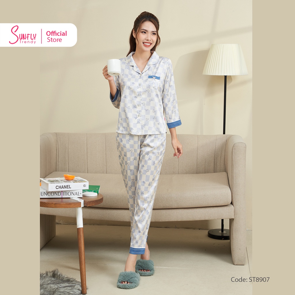 Bộ Đồ Mặc Nhà Nữ Lụa SUNFLY Áo Tay Lỡ Quần Dài ST8907