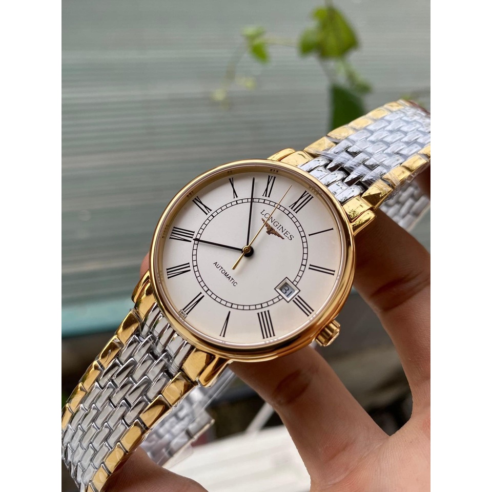 Đồng hồ Nam Lon-gines cơ automatic cao cấp máy nhât  3kim 1 lịch dây kim loại size 40mm đơ mi trắng pha vàng