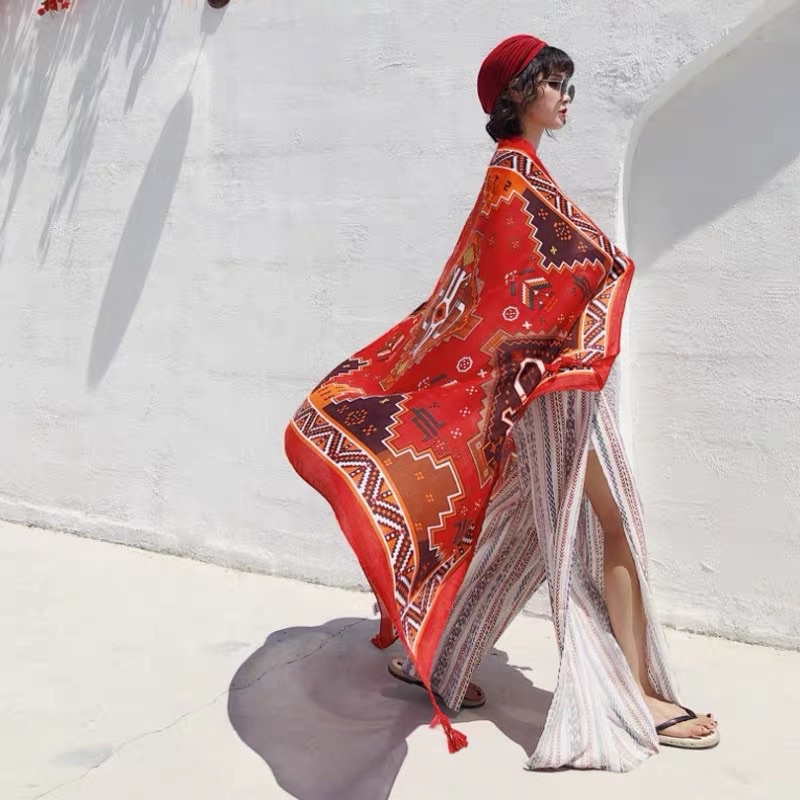 [HÀNG LOẠI 1] Khăn Boho Đi Biển Hoạ Tiết Thổ Cẩm Trên Nền Cam Nổi Bật