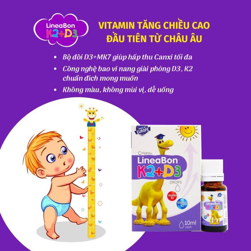 LINEABON K2+D3 - VIMEX K2+D3 bổ sung vitamin D giúp trẻ cao lớn khỏe mạnh, ngủ ngon sâu giấc