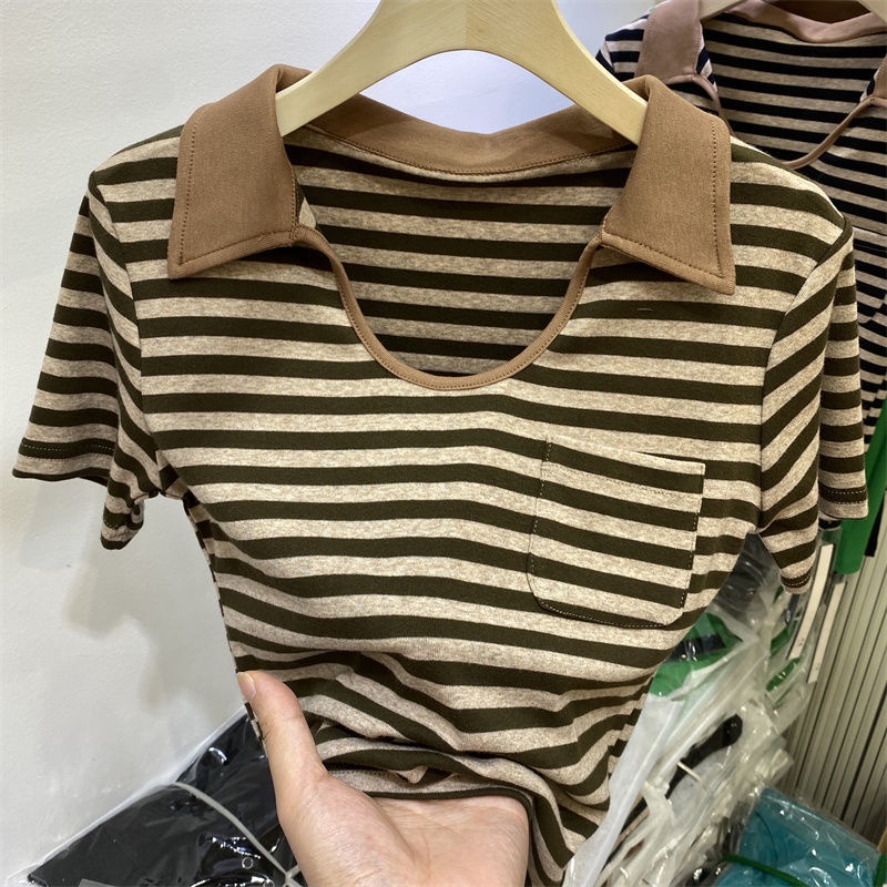 Áo Thun Cotton Cổ Bẻ Kẻ Sọc Thời Trang Cho Nữ