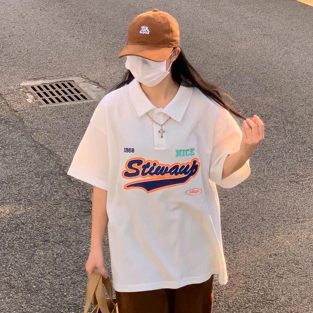 AMOI Áo polo Ngắn Tay In Họa Tiết Chữ Phong Cách Retro Thời Trang Cho Nữ