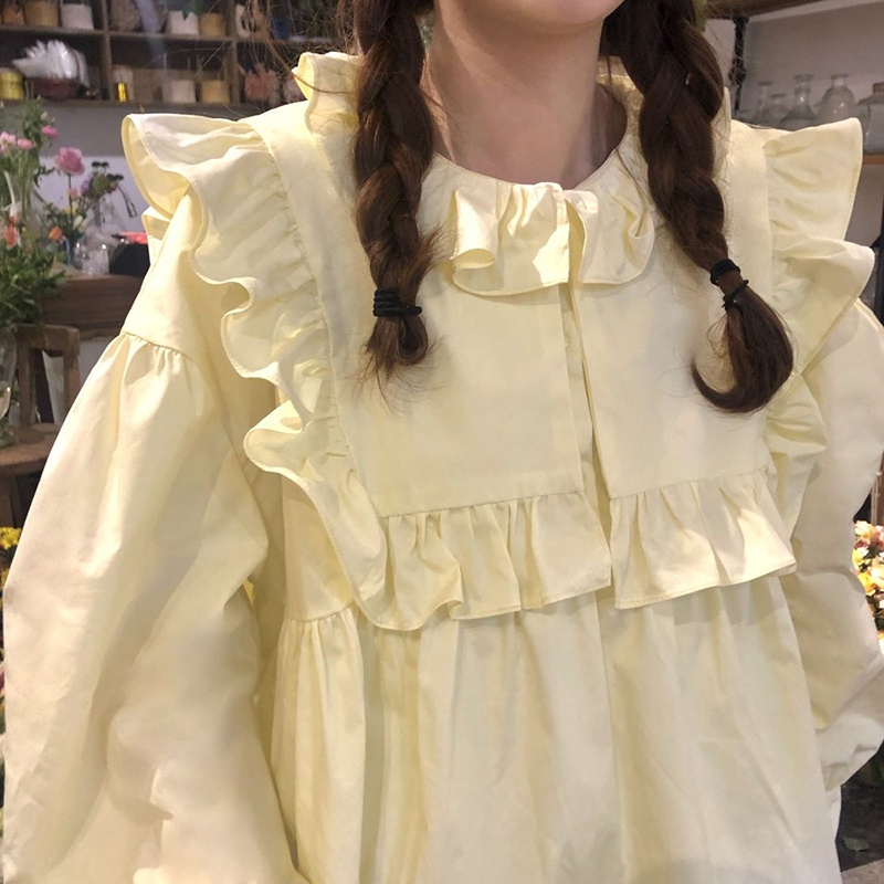 Áo sơ mi IELGY tay dài dáng rộng phối bèo kiểu Pháp retro dễ thương cho nữ