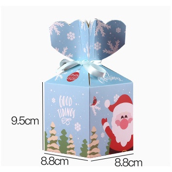 Hộp giấy  Giáng sinh 9.5*8*8cm tự gấp hình viên kẹo, gắn ruy băng; in họa tiết  NOEL vui vẻ