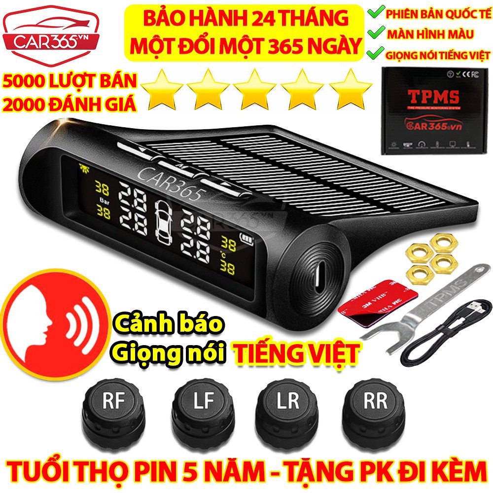 Cảm biến áp suất lốp ô tô xe hơi gắn ngoài cao cấp Car365, Pin sạc năng lượng mặt trời, màn hình LCD, tuổi thọ pin 5 năm