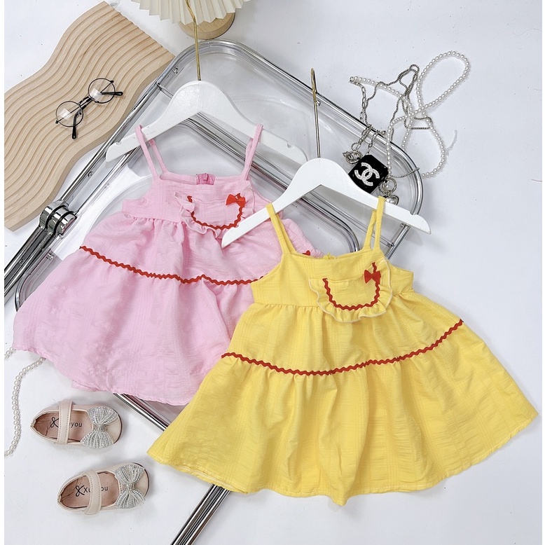 Váy đầm 2 dây đính nơ ngực dáng xoè 3 tầng cho bé gái công chúa 8-20kg