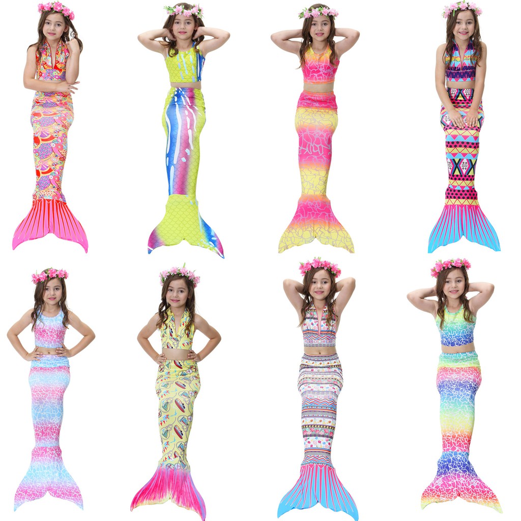 S1D9 Bộ đồ bơi 3 chi tiết hóa trang nàng tiên cá cho bé gái, quần áo bikini trẻ em