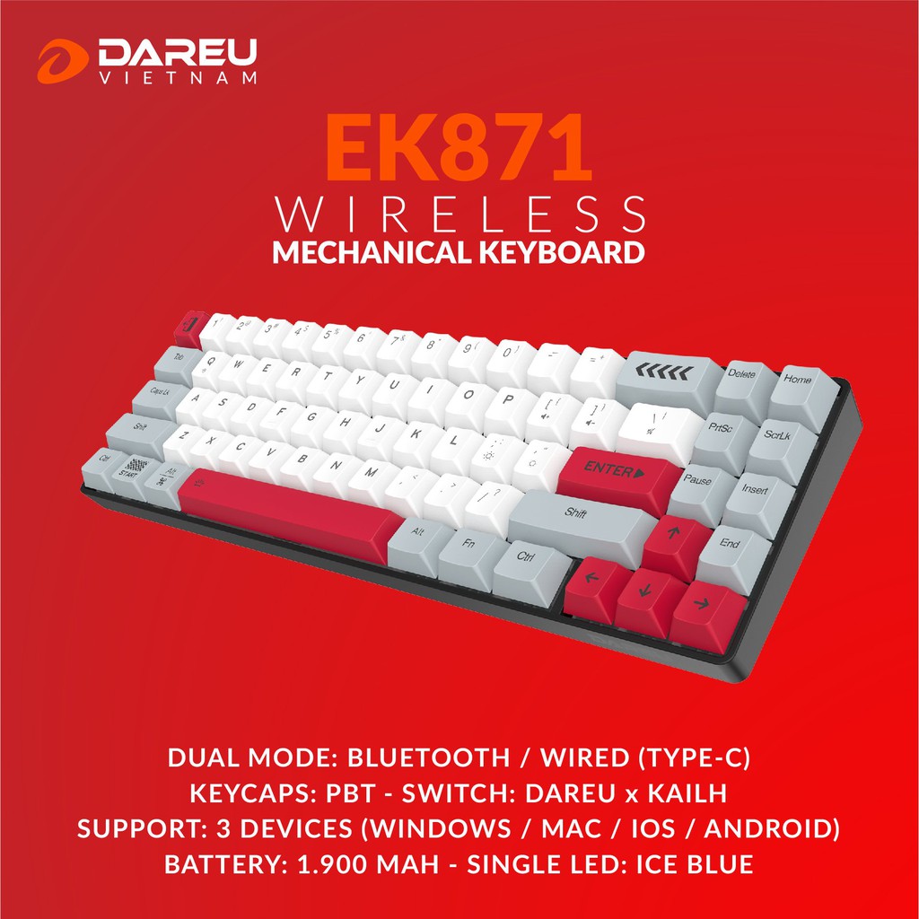Bàn phím cơ không dây Bluetooth DAREU EK871 71KEY (GREY-WHITE, PBT, D-KAILH switch) - Hàng chính hãng