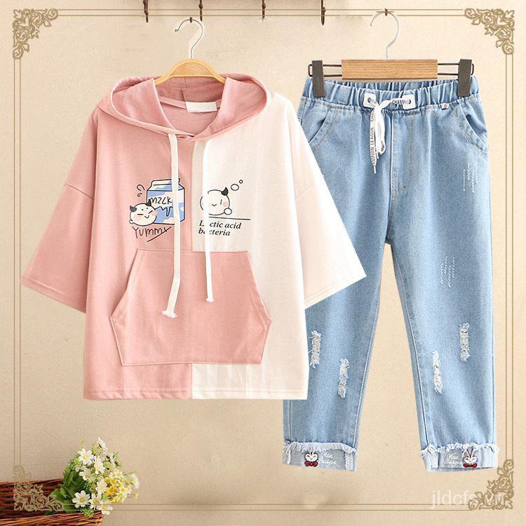 Bộ Áo Hoodie Tay Ngắn Dáng Rộng Dễ Thương Thời Trang Mùa Hè Dành Cho Nữ 12-15 Tuổi / Học Sinh 13older