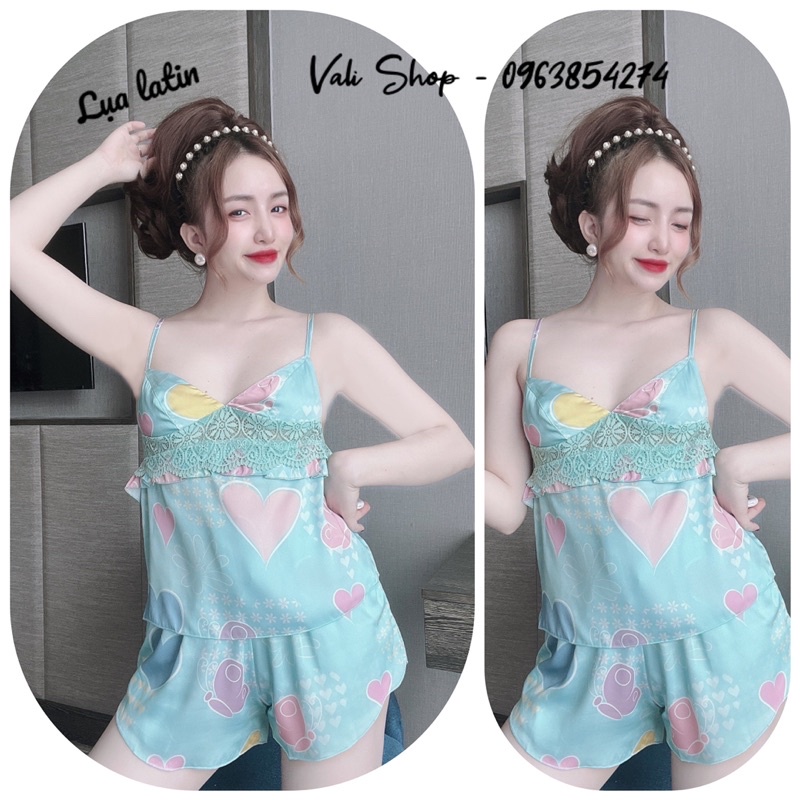 Đồ ngủ lụa latin 2 dây phối ren sexy hoạ tiết freesize 55kg tuỳ chiều cao