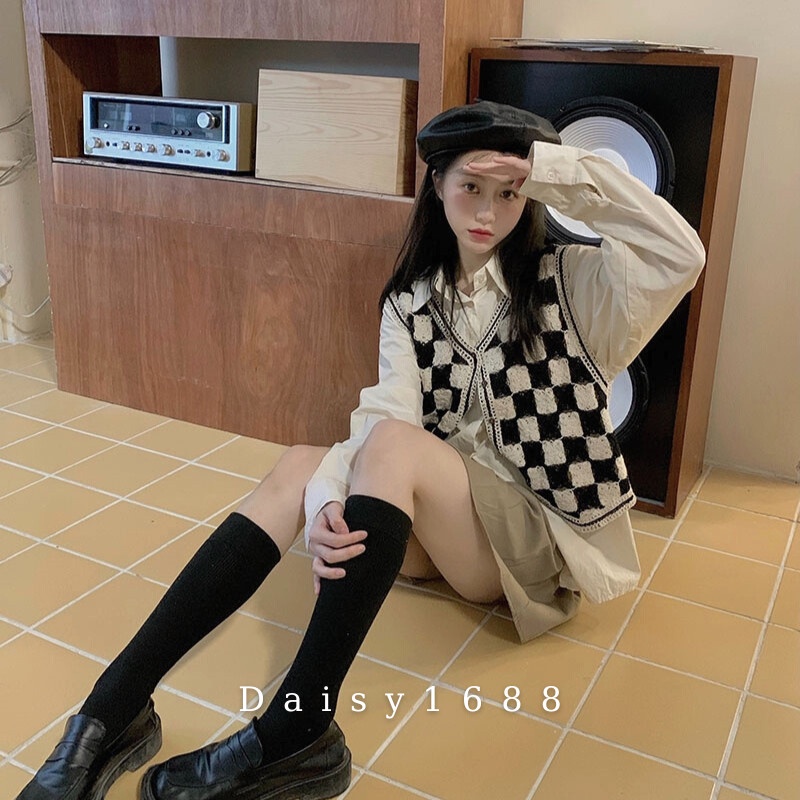 Áo Khoác Gile Không Tay Cổ V, Kẻ Caro Thời Trang Hàn Quốc Daisy1688