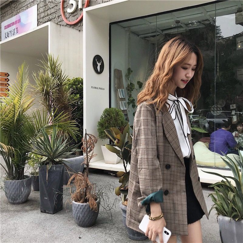 Áo Khoác Vest Họa Tiết Ca Rô Phong Cách Hàn Quốc Dành Cho Nữ