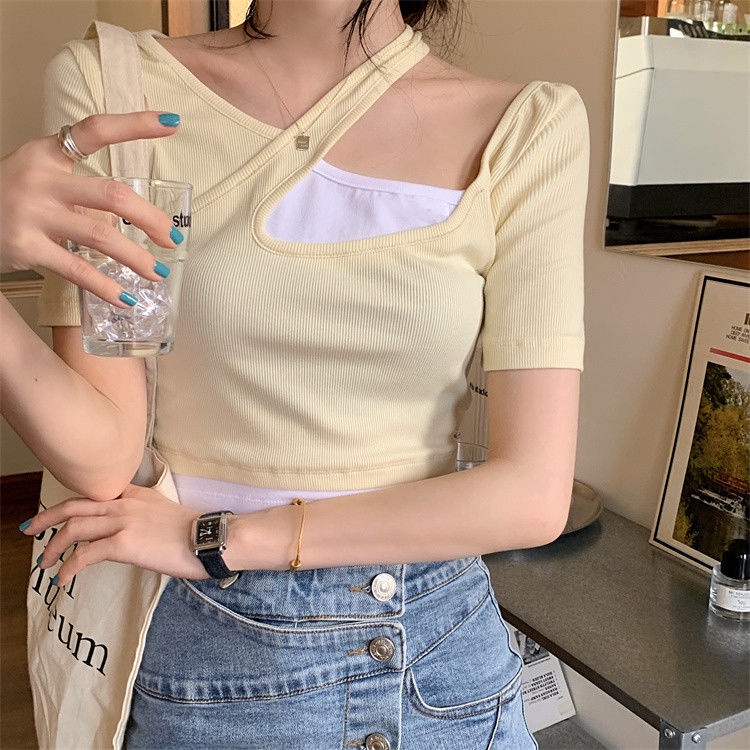 Áo Thun Trễ Vai Giả Hai Lớp Dáng Ôm Trẻ Trung Cá Tính Dành Cho Nữ