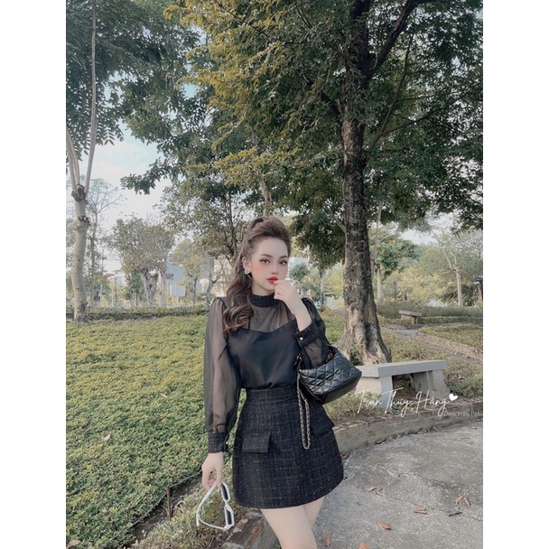 Set Áo Tơ Chân Váy Dạ Tweed