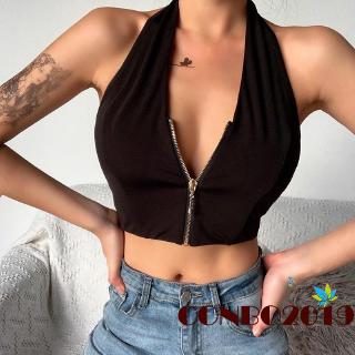 Áo Croptop Sát Nách Cổ Chữ V Phối Khóa Kéo Hở Lưng Quyến Rũ