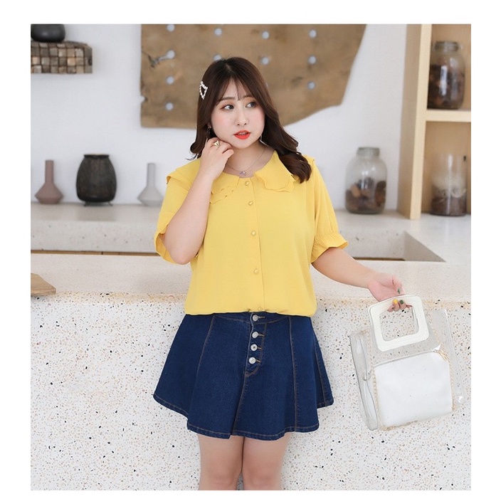 Áo sơ mi kiểu màu vàng cổ bèo big size size lớn 85-115kg