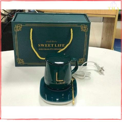 Bộ Cốc Và Đế Hâm Nóng Đồ Uống, Pha Trà, Cafe Tiện Dụng - Tặng Kèm Thìa Vàng Sang Trọng