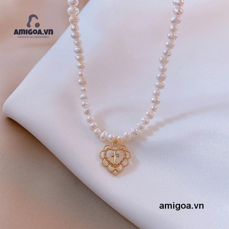 ✨✨Vòng cổ chuỗi hạt ngọc trai giả mặt dây hình trái tim đính đá giả thời trang sang trọng cho nữ