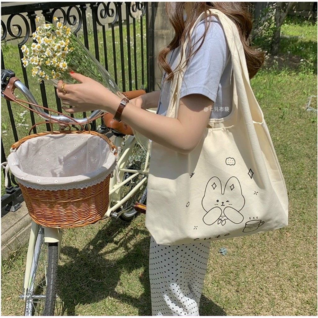 Túi tote vải canvas cao cấp phong cách Hàn quốc - THỎ CUTE họa tiết