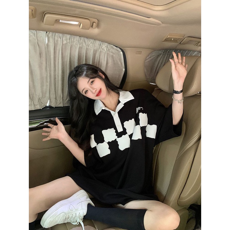 Jiashucheng Áo Thun Nữ Tay Ngắn Dáng Dài Rộng Họa Tiết Caro Màu Sắc Tương Phản Thời Trang Mùa Hè