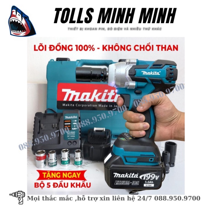 Máy siết bulong MAKITA dùng pin 199V Không chổi than cầm tay- Pin 10 Cell - Tặng phụ kiện như hình