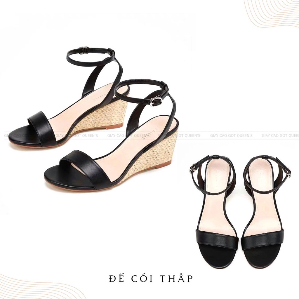 Giày Sandal Cao Gót Đế Cối Đế Xuồng Màu Đen Da Lì Êm Ái Cho Nữ Công Sở Dạo Phố Thời Trang Quai Ngang Tôn Dáng Cao 5-7cm