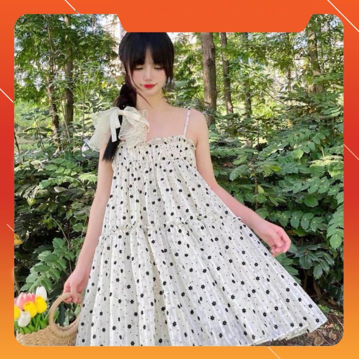 Đầm Nữ 2 Dây Viền Bèo Hoa Nhí Đen Dáng Lỡ VNXK