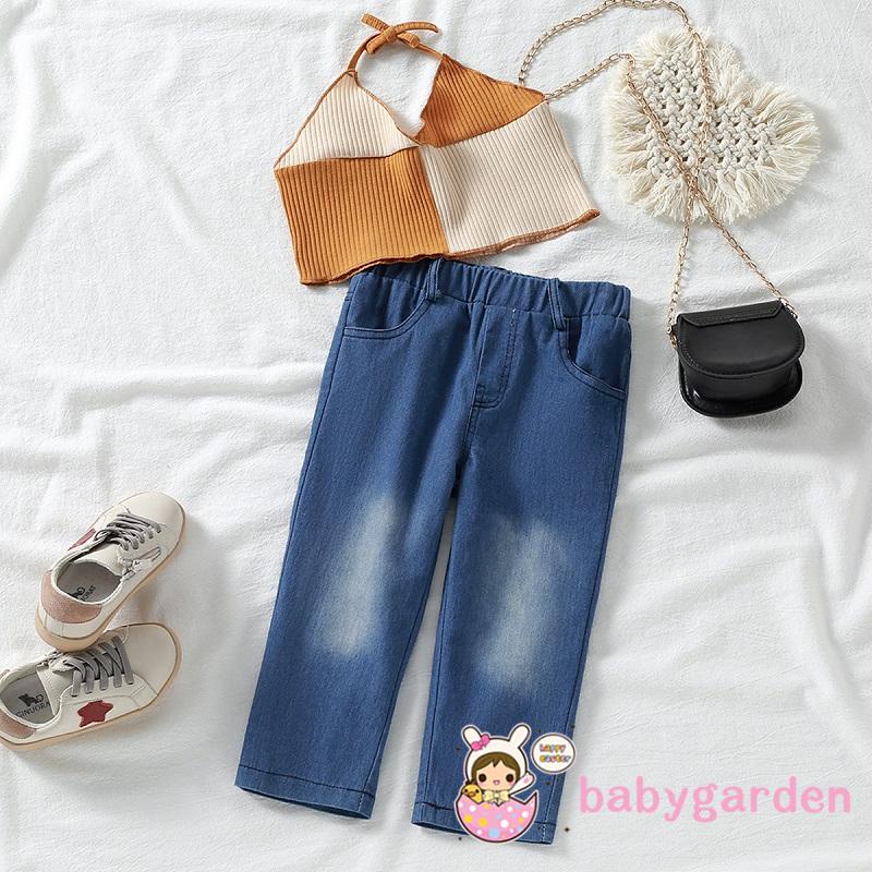 Bộ áo hai dây dệt kim + quần denim dài thời trang cho bé gái 1-6 tuổi