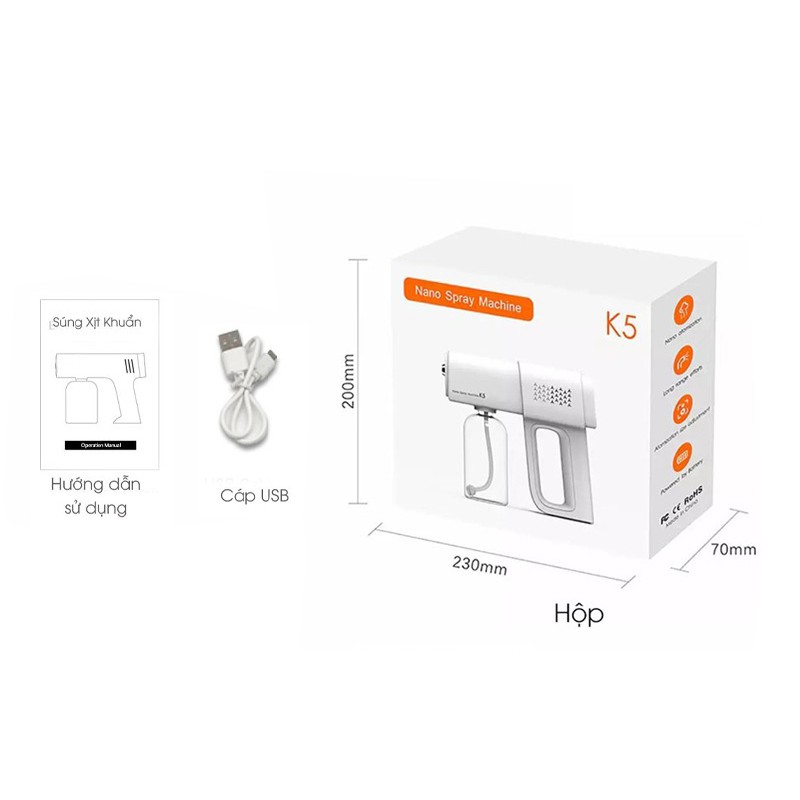 Súng Phun Sương Khử Khuẩn NANO K5, K5 Pro Máy Xịt Khử Khuẩn Cầm Tay Thế Hệ Mới Khử Trùng, Sát Khuẩn - Bảo Hành 12 Tháng