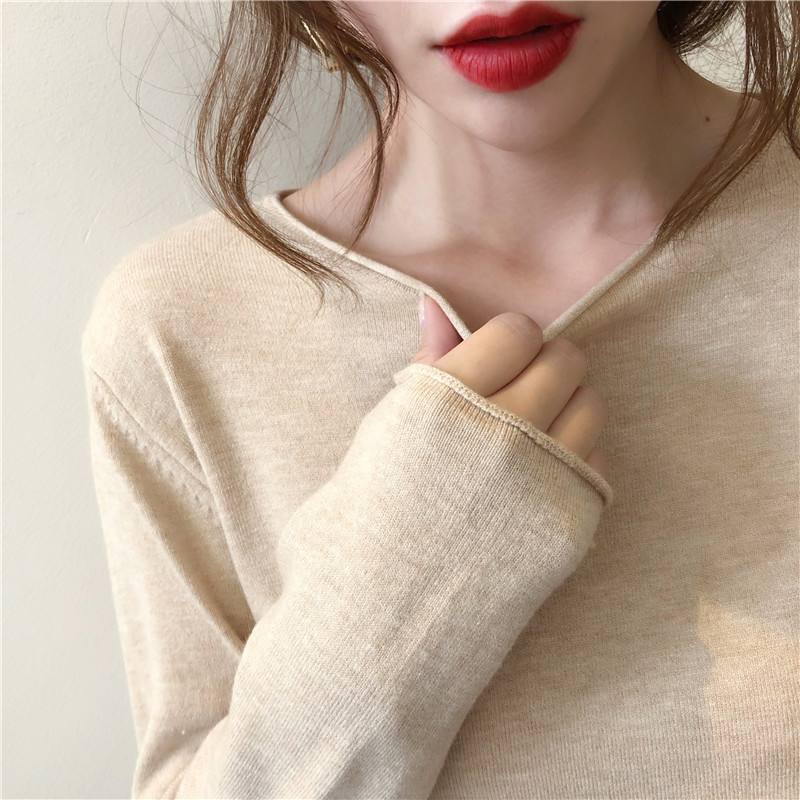 Áo Sweater Dệt Kim Tay Dài Màu Trơn Kiểu Hàn Quốc Xinh Xắn Cho Nữ