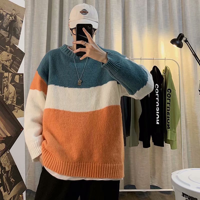 Áo Sweater IFNICEFUTURE Dệt Kim Dáng Rộng Cổ Tròn Màu Sắc Tương Phản Phong Cách Harajuku Nhật Hàn Cho Nam