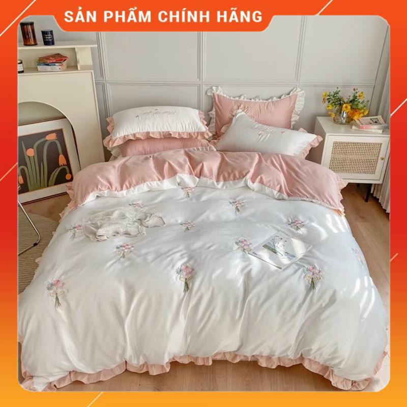 Bộ Chăn Ga Gối Lụa thêu cao cấp mẫu Hoa Cúc 4 món chất liệu phi lụa telcel 100s | BigBuy360 - bigbuy360.vn