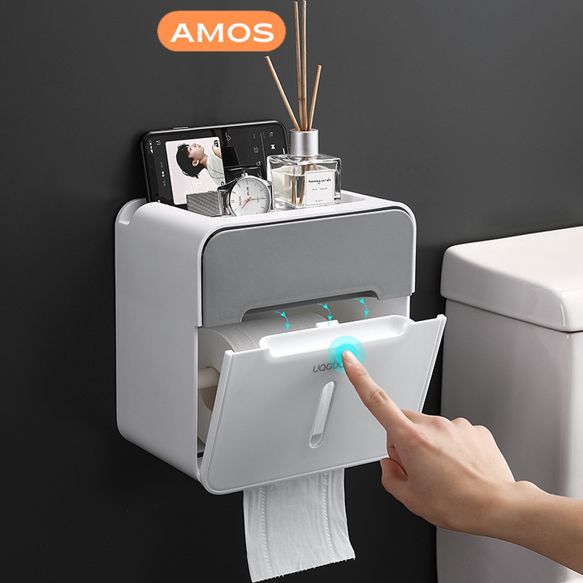 Hộp đựng giấy vệ sinh AMOS để đồ nhà tắm | Kệ để đồ nhà tắm thiết kế 2 ngăn tiện lợi tặng kèm miếng dán