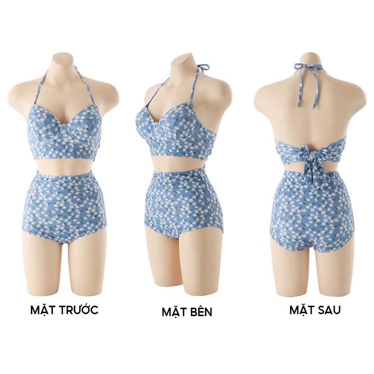 Set Đồ Bơi Nữ Bikini Áo Hai Dây Buộc Nơ Quần Bơi Họa Tiết Hoa Cúc Họa Mi Xinh Xắn Mặc Đi Biển Đi Bơi Mùa Hè YOGO B130