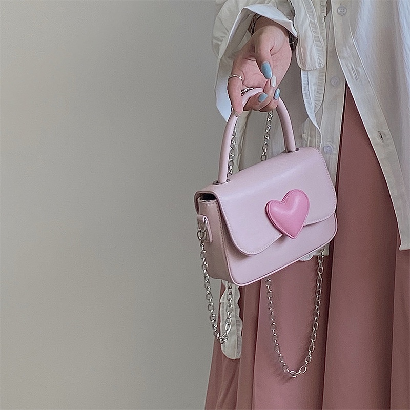 [CÓ SẴN] TÚI XÁCH NỮ MÀU HỒNG PASTEL ĐÍNH TRÁI TIM PHONG CÁCH HÀN QUỐC