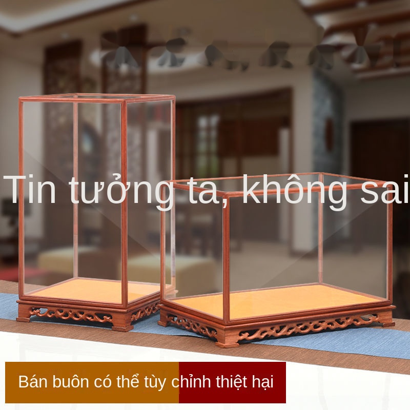 ﹍✸Đồ trang trí bằng gỗ rắn Tượng Phật Bà Quan Âm kính che bằng gỗ gụ chạm khắc thủ công bình đế chống bụi hộp trưng bày