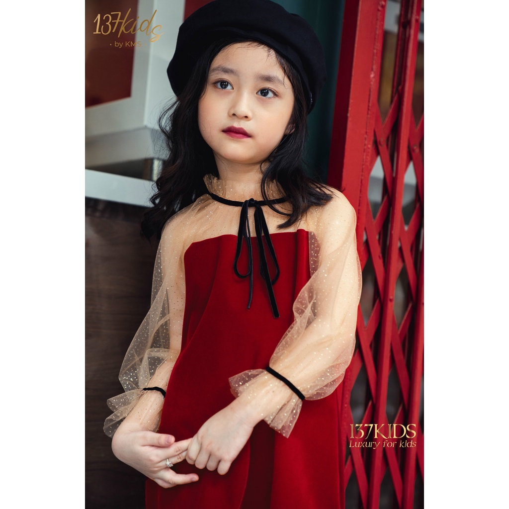 Váy nhung đỏ thiết kế tay voan 137KIDS dáng xòe cho bé gái