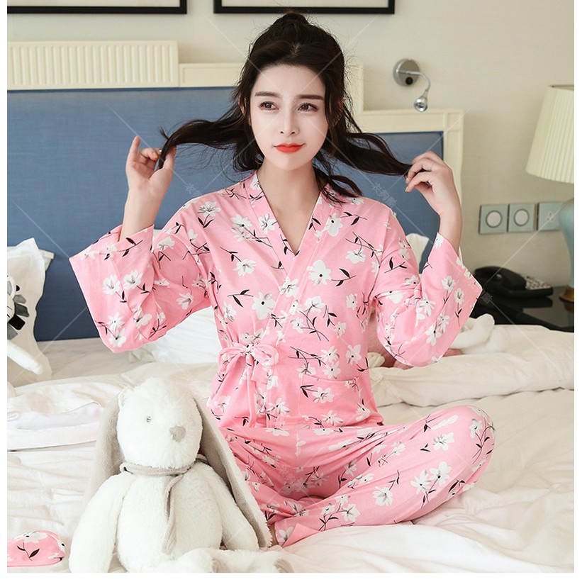 Bộ Đồ Ngủ Tay Dài Cổ Tròn Chất Liệu Cotton Phong Cách Kimono Nhật Bản Gợi Cảm Cho Nữ 7 Màu Lựa Chọn