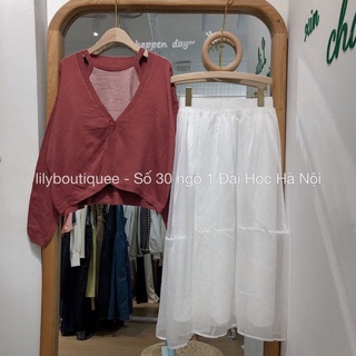 Set yếm kẻ + cardigan 1 khuy len