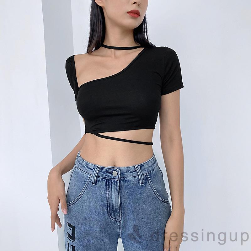 Áo Kiểu Tay Ngắn Màu Trơn Cổ Lệch Thời Trang Dành Cho Nữ