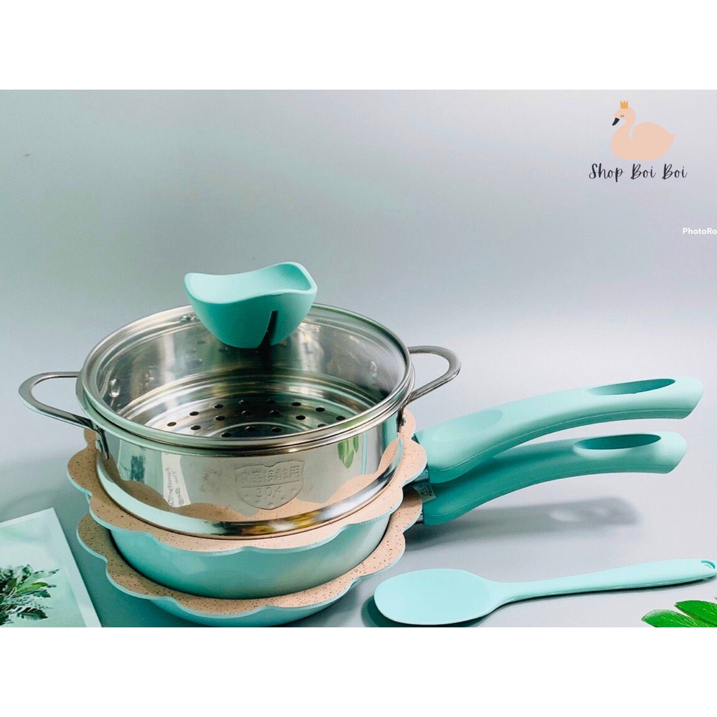 Bộ Nồi Chảo Cho Bé Ăn Dặm 🔥BÁN HÒA VỐN LẤY ĐÁNH GIÁ🔥 chảo đá hình hoa cao cấp chống dính kèm lồng hấp chế b