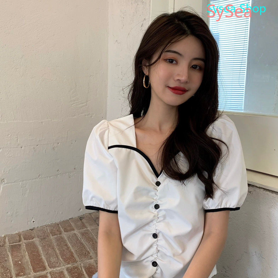 Áo Sơ Mi Trắng Cổ Trụ Tay Phồng Thời Trang Mùa Hè Cho Nữ