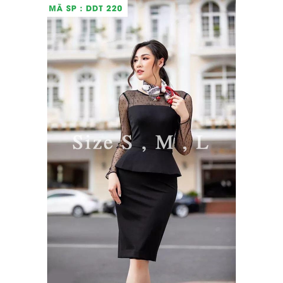 Đầm peplum công sở tay dài phối lưới chấm bi cao cấp thoitranghd