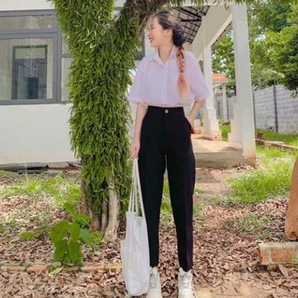 Quần tây đen nữ lưng cao đi học sinh chất vải tuyết mưa mềm trơn có cạp đai - Quần vải nữ công sở dáng baggy ống đứng