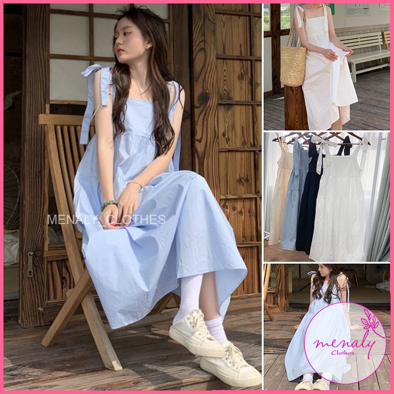 Váy babydoll dáng dài VH019, mẫu váy 2 dây bản to dáng váy ulzzang buộc nơ kiểu dáng đáng yêu, bầu bí bon chen được