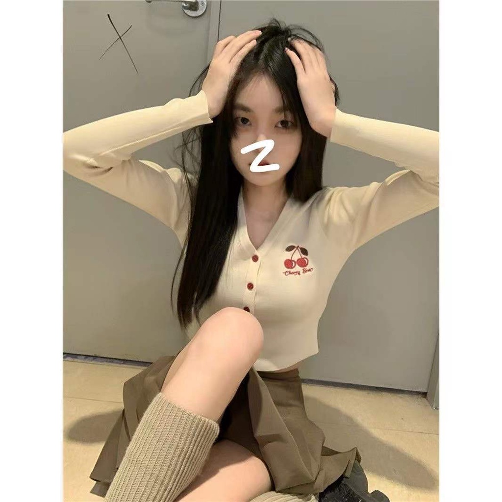 Áo Cardigan Cổ Chữ V Dáng Ngắn Màu Trơn In Họa Tiết Cherry Thời Trang Xinh Xắn Cho Nữ
