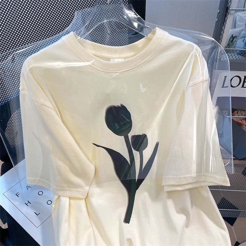 Áo Thun Cotton Tay Ngắn Dáng Rộng Phong Cách Hàn Quốc Cho Nữ